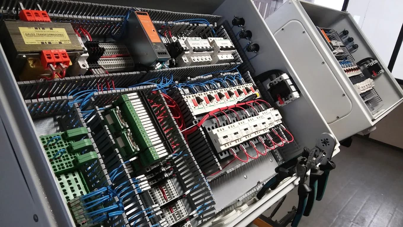 Tablero de control industrial abierto, con componentes eléctricos y cableado.